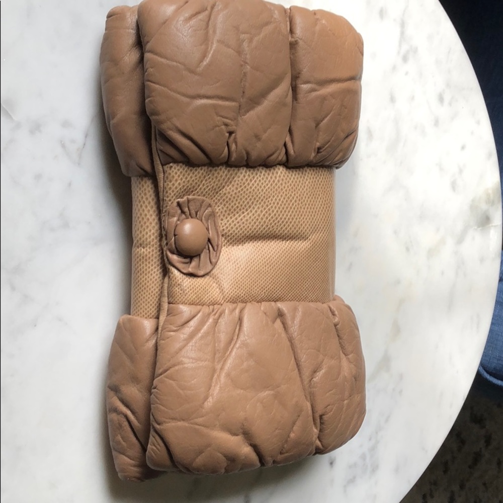 Tan leather clutch by Rose Aronin for Roseeni